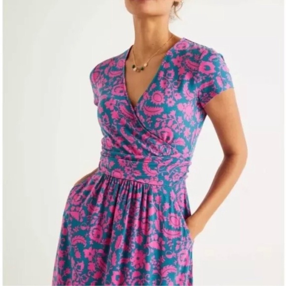 Boden Lola Wrap Jersey Dress Pink Navy Blue Floral Size 12P - Picture 2 of 13